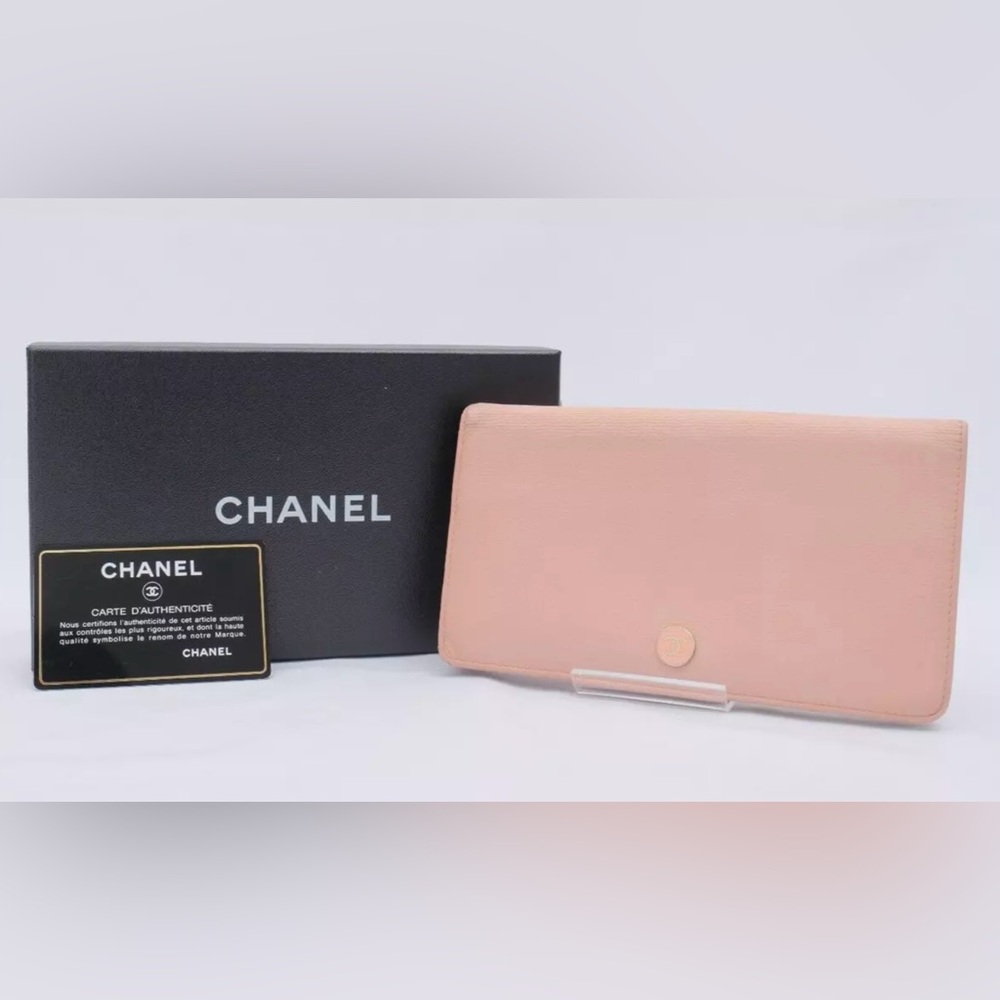 CHANEL Peach Leather Long Bi-Fold Wallet